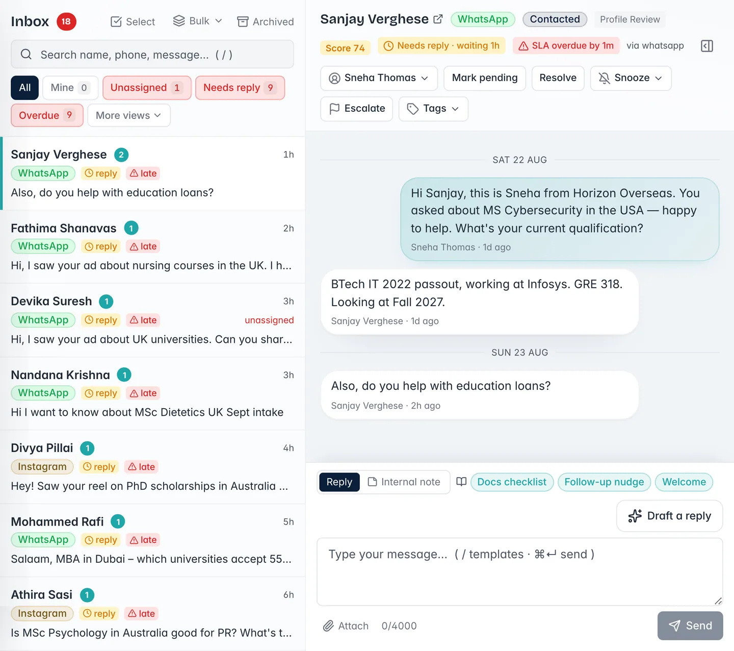 Crosvia CRM inbox showing lead priority, assigned owner, response status and the complete customer conversation